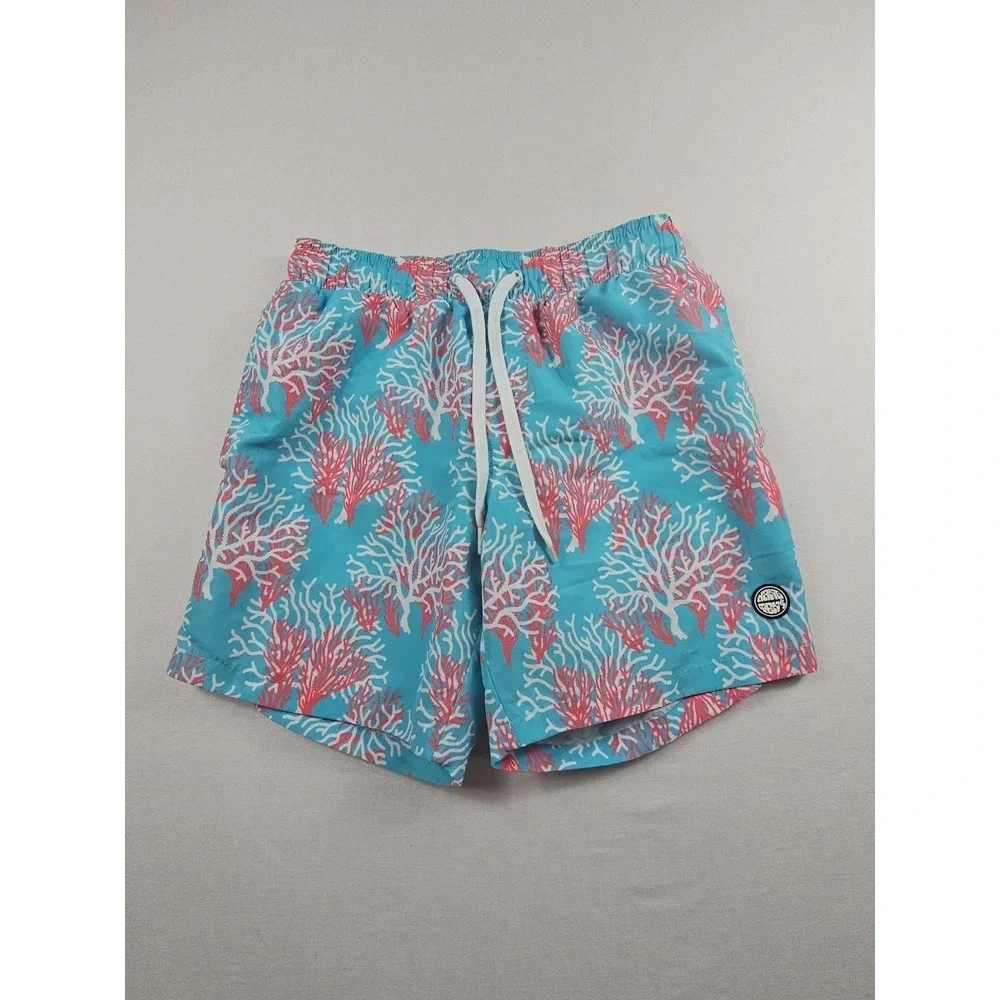 Hang Ten Men's M‎ Swim Trunks Coral Reef Blue Pink Elastic Waist Drawstring
